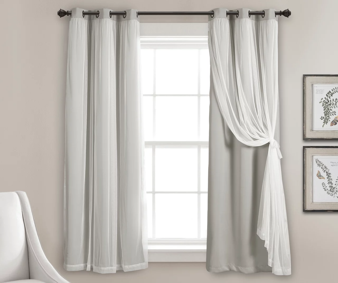 Lush Light Gray Blackout Grommet Curtain Panel Pair With Sheer Overlay, (63") 3 Lush Light Gray Blackout Grommet Curtain Panel Pair With Sheer Overlay, (63")