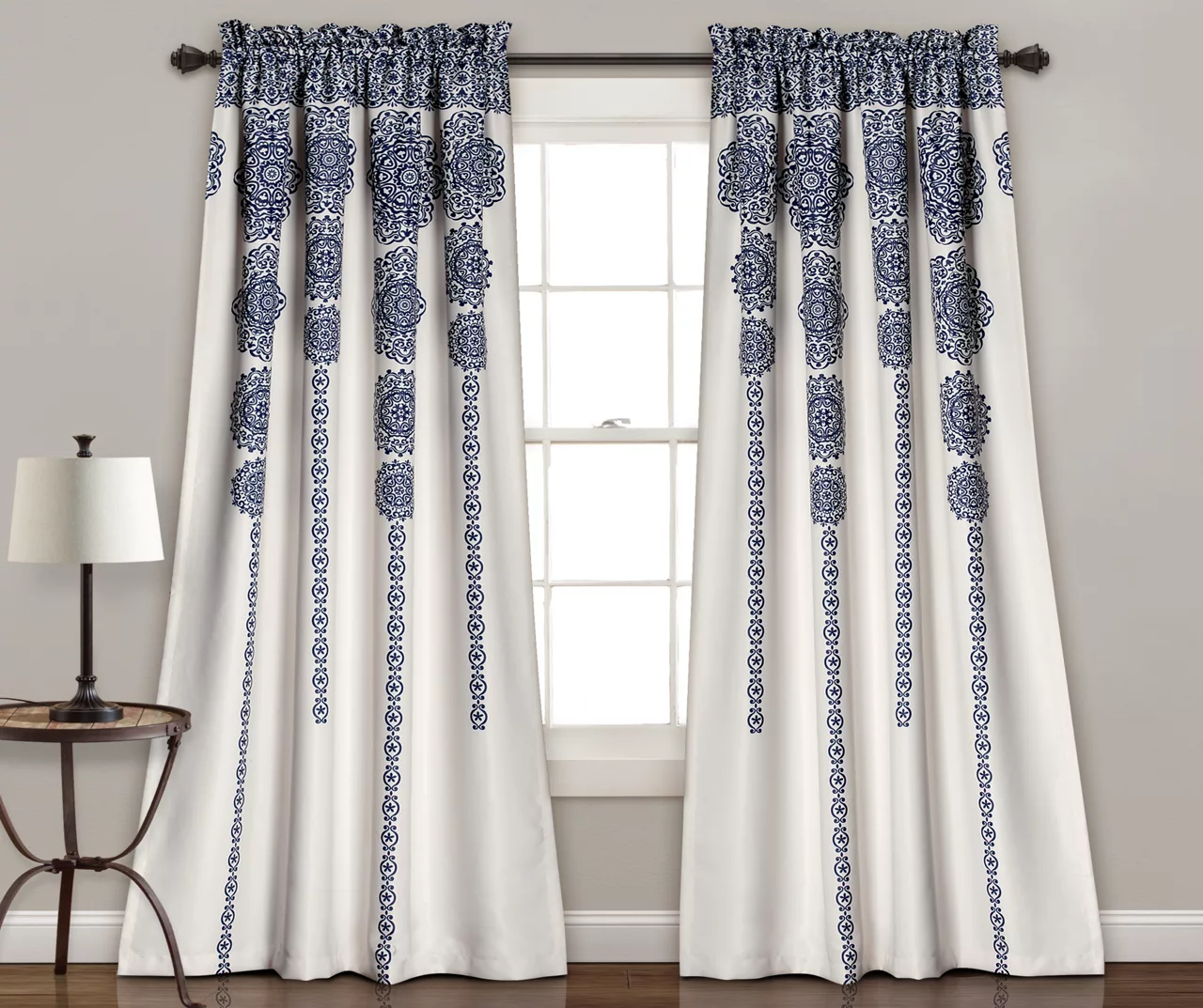 Stripe Medallion Navy Room-Darkening Rod Pocket Curtain Panel Pair, (84") 3 Stripe Medallion Navy Room-Darkening Rod Pocket Curtain Panel Pair, (84")