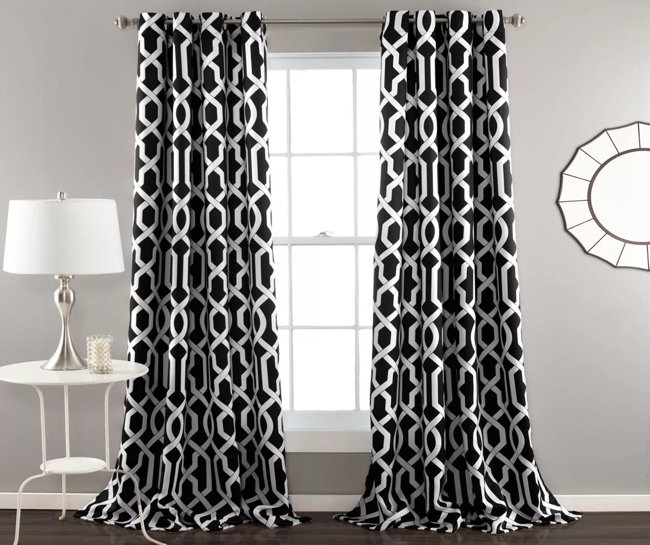 Edward Trellis Black Room-Darkening Grommet Curtain Panel Pair, (84") 3 Edward Trellis Black Room-Darkening Grommet Curtain Panel Pair, (84")