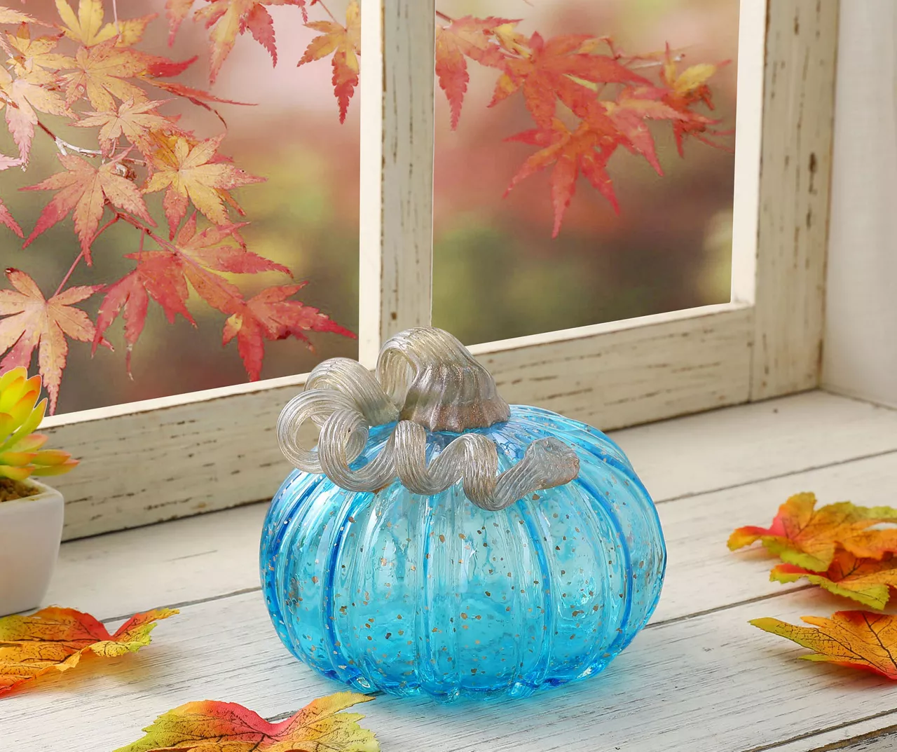 5" Blue Speckled Glass Pumpkin 5 5" Blue Speckled Glass Pumpkin - Image 3