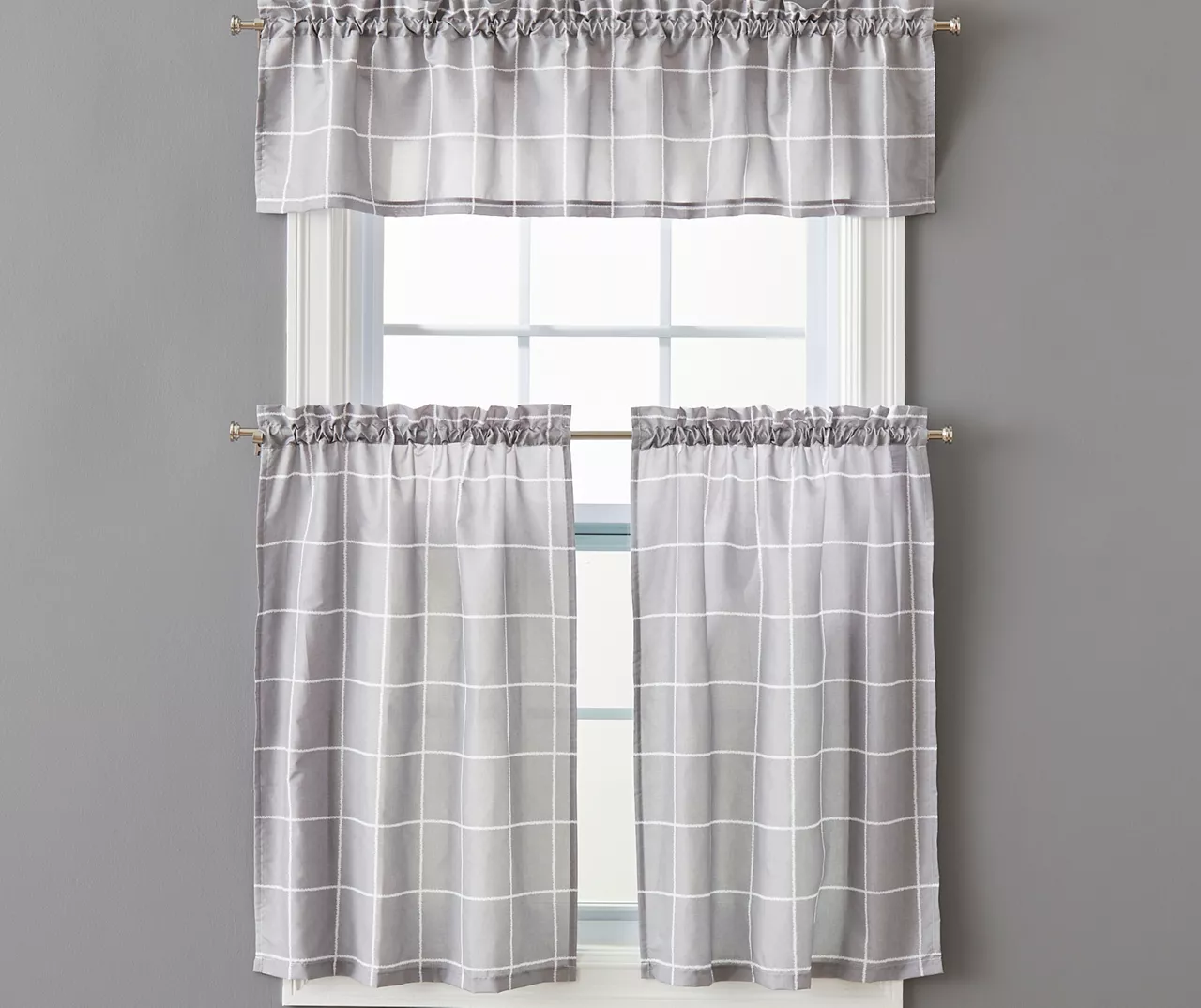 Gray Ronan Valance & Tier 3-Piece Curtain Set 3 Gray Ronan Valance & Tier 3-Piece Curtain Set