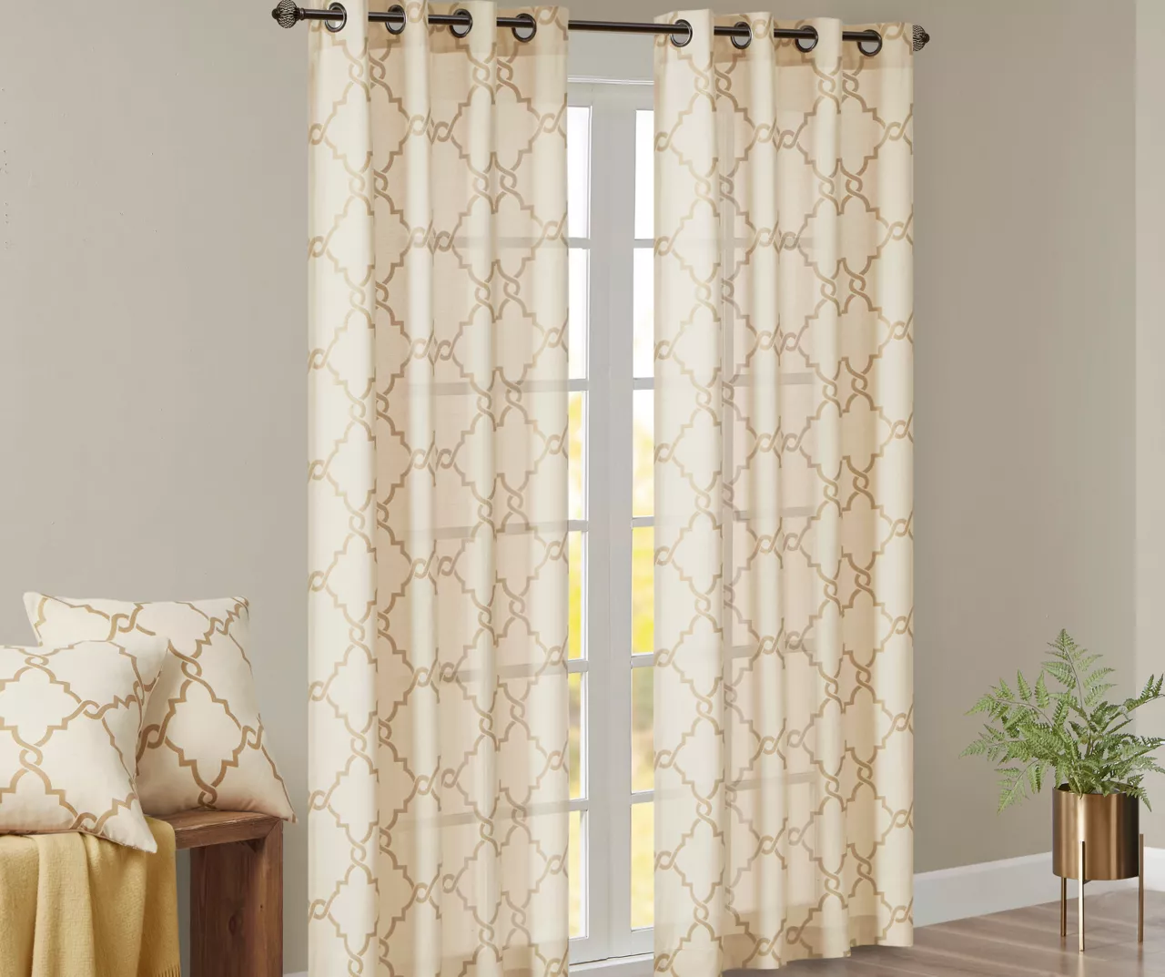 Sereno Fretwork Beige & Gold Light-Filtering Grommet Curtain Panel, (95") 4 Sereno Fretwork Beige & Gold Light-Filtering Grommet Curtain Panel, (95") - Image 2