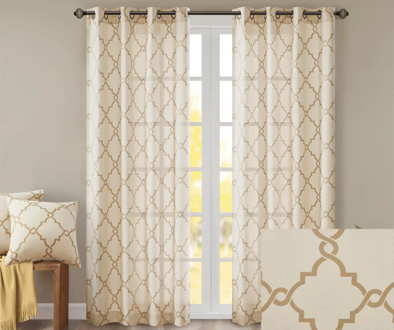 Sereno Fretwork Beige & Gold Light-Filtering Grommet Curtain Panel, (95") 5 Sereno Fretwork Beige & Gold Light-Filtering Grommet Curtain Panel, (95") - Image 3