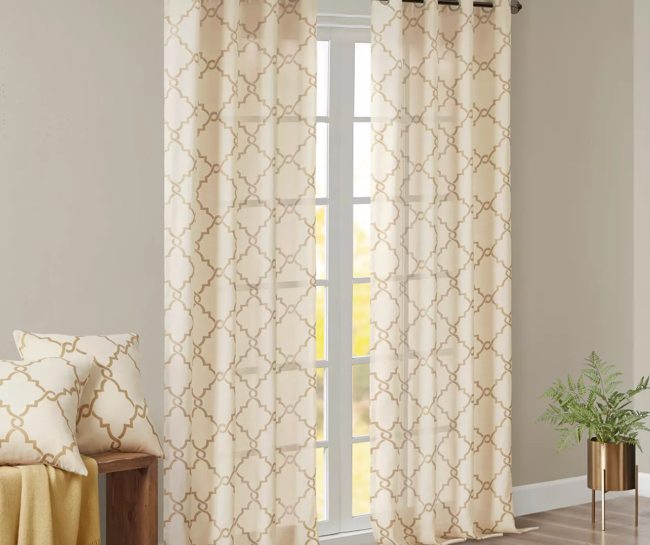 Sereno Fretwork Beige & Gold Light-Filtering Grommet Curtain Panel, (95") 11 Sereno Fretwork Beige & Gold Light-Filtering Grommet Curtain Panel, (95") - Image 9