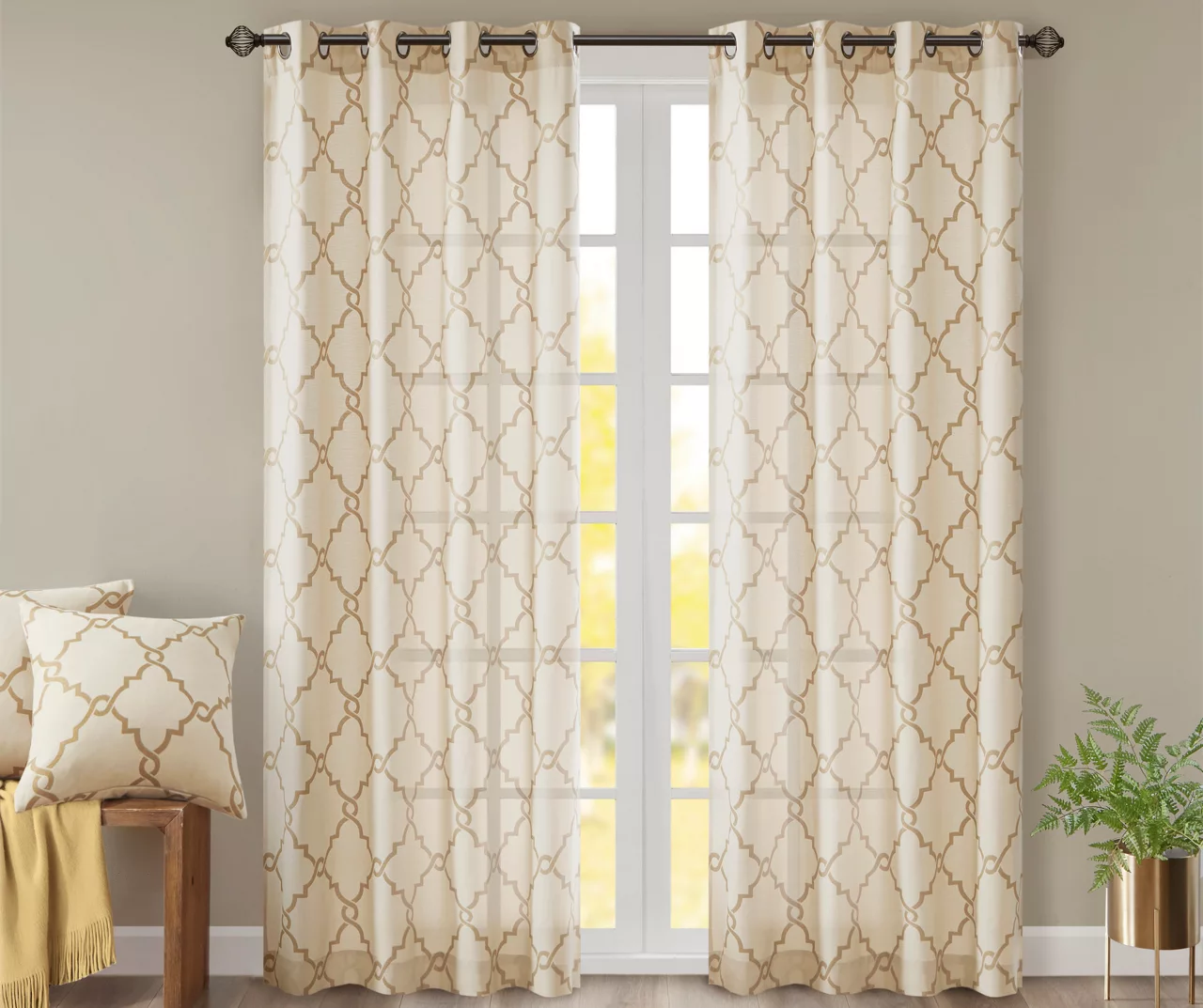 Sereno Fretwork Beige & Gold Light-Filtering Grommet Curtain Panel, (95") 3 Sereno Fretwork Beige & Gold Light-Filtering Grommet Curtain Panel, (95")