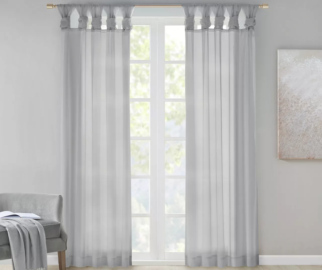 Persis Light Gray Voile Sheer Twisted Tab Curtain Panel Pair, (84") 3 Persis Light Gray Voile Sheer Twisted Tab Curtain Panel Pair, (84")