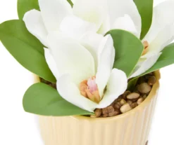 White Floral Arrangement In Yellow Ridged Ceramic Pot With Stand -Home Store 810552415 1