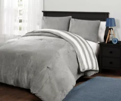 Gray Stripe Plush Full/Queen 3-Piece Comforter Set