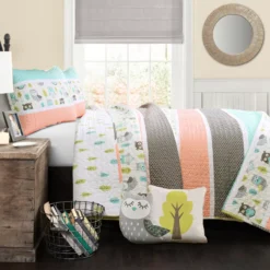 Coral & Turquoise Owl Stripe Full/Queen 5-Piece Quilt Set -Home Store 810552920 11