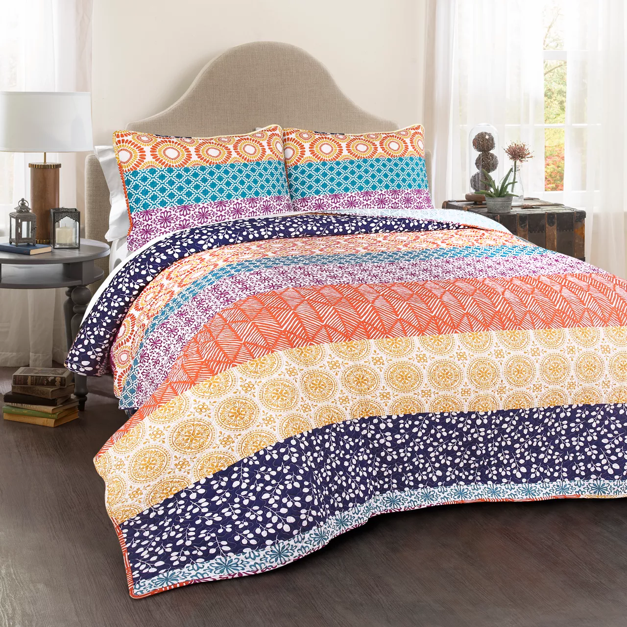 Fuchsia & Orange Bohemian Pattern Stripe Full/Queen 3-Piece Quilt Set 4 Fuchsia & Orange Bohemian Pattern Stripe Full/Queen 3-Piece Quilt Set - Image 2