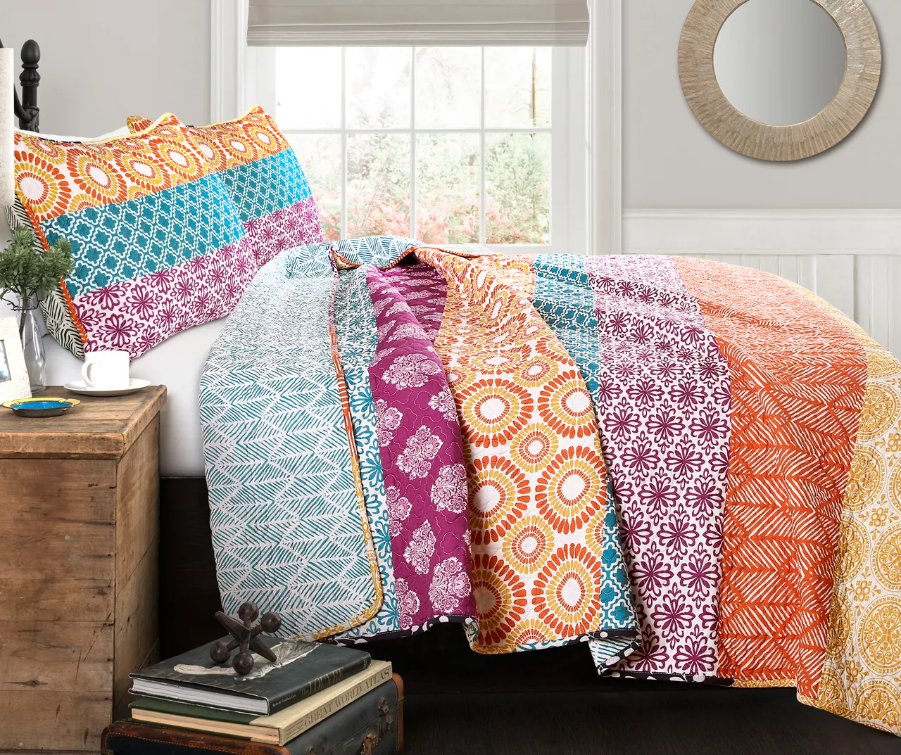 Fuchsia & Orange Bohemian Pattern Stripe Full/Queen 3-Piece Quilt Set 3 Fuchsia & Orange Bohemian Pattern Stripe Full/Queen 3-Piece Quilt Set