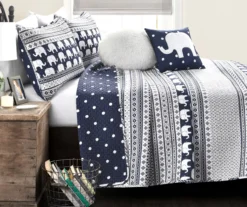 Navy & White Elephant Geometric Stripe Twin 4-Piece Quilt Set -Home Store 810552964 1