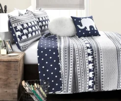 Navy & White Elephant Geometric Stripe Twin 4-Piece Quilt Set -Home Store 810552964 11