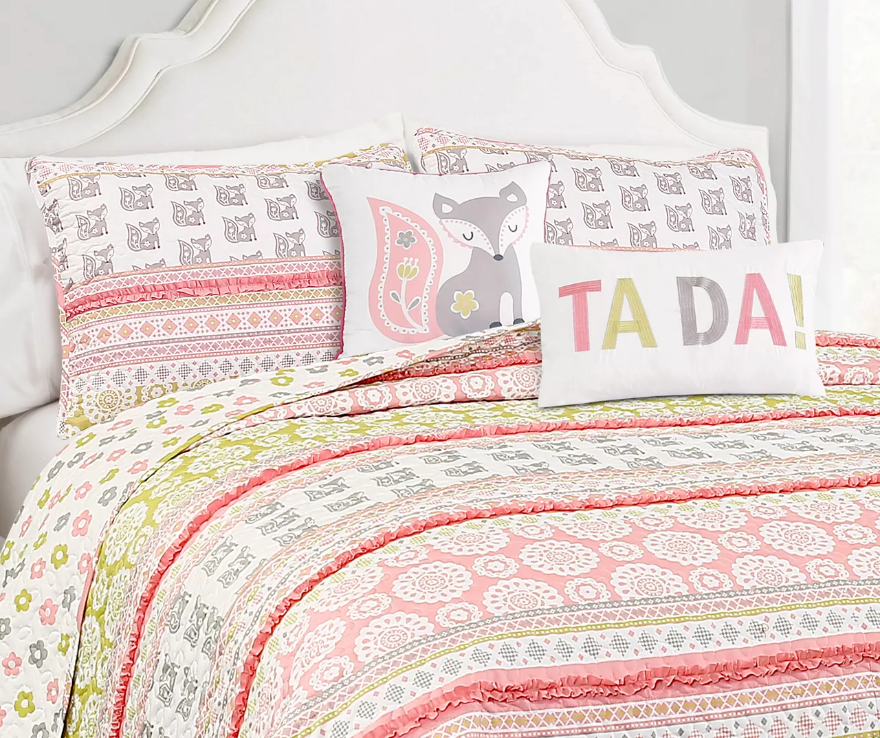 Pink & Gray Fox Ruffle Pattern Block Full/Queen 5-Piece Quilt Set 5 Pink & Gray Fox Ruffle Pattern Block Full/Queen 5-Piece Quilt Set - Image 3