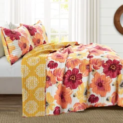Leah Red & Orange Floral King 3-Piece Quilt Set -Home Store 810553040 2