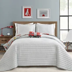 Gray & Red Fire Truck Twin 3-Piece Quilt Set 12 Gray & Red Fire Truck Twin 3-Piece Quilt Set -Home Store 810553048 2