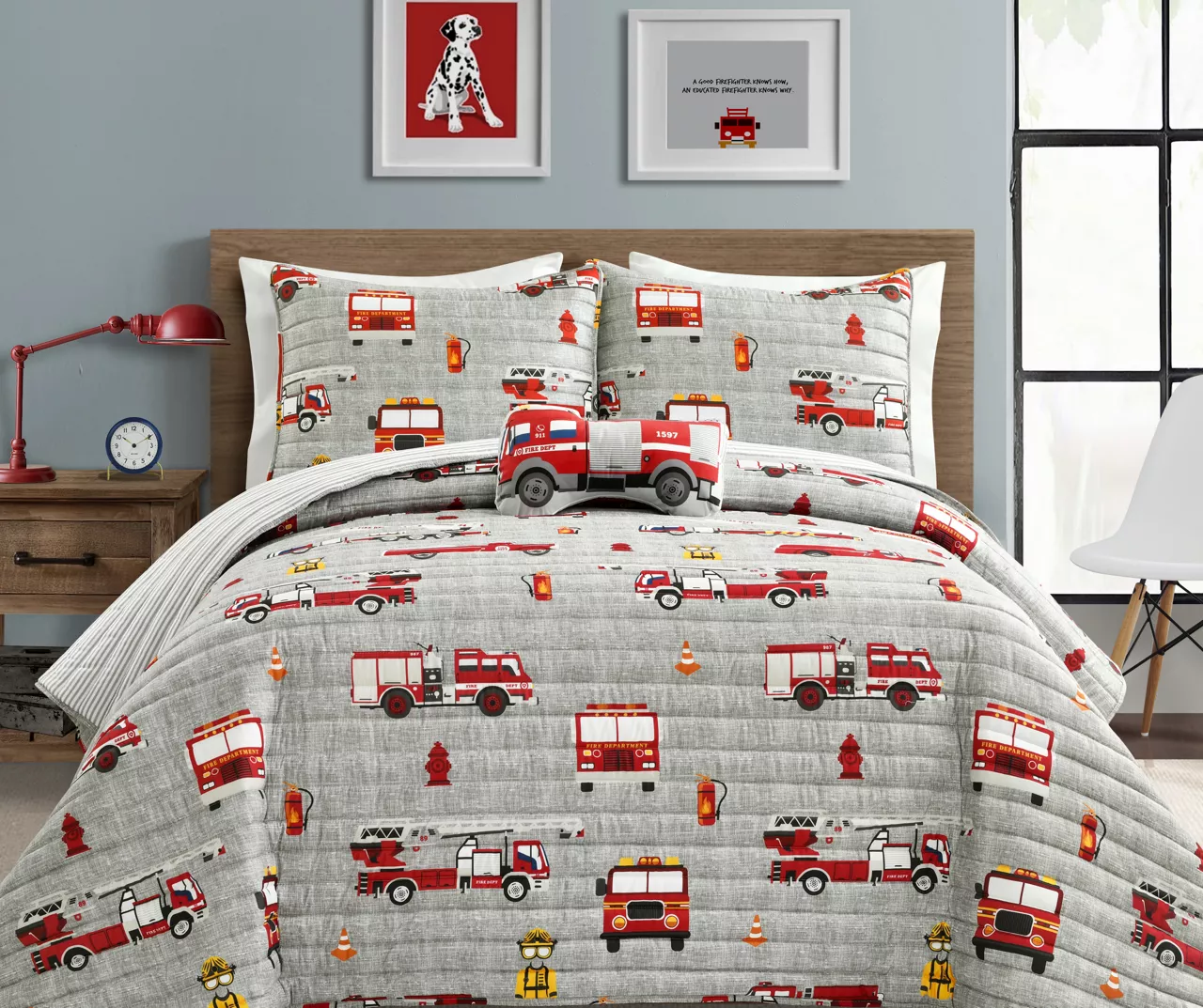 Gray & Red Fire Truck Twin 3-Piece Quilt Set 3 Gray & Red Fire Truck Twin 3-Piece Quilt Set