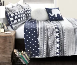 Navy & White Elephant Geometric Stripe Reversible Full/Queen 5-Piece Quilt Set