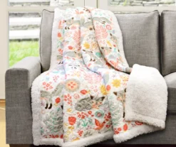 Pixie White & Gray Floral Fox Quilted Sherpa Throw, (50" X 60")