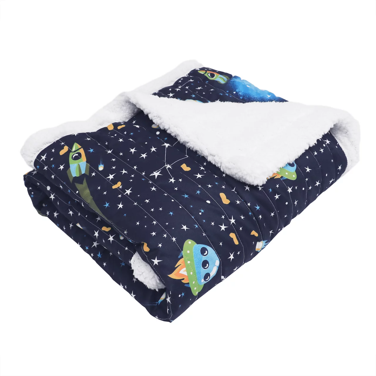 Navy & White Universe Quilted Sherpa Throw, (50" X 60") 3 Navy & White Universe Quilted Sherpa Throw, (50" X 60")