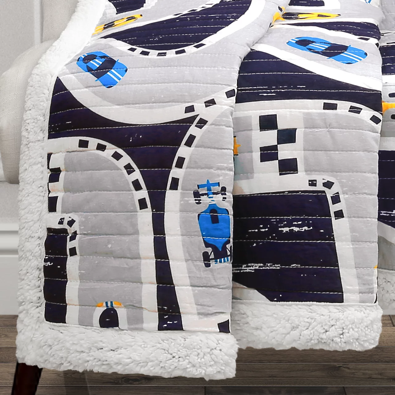 Navy Car Tracks Quilted Sherpa Throw, (50" X 60") 6 Navy Car Tracks Quilted Sherpa Throw, (50" X 60") - Image 4