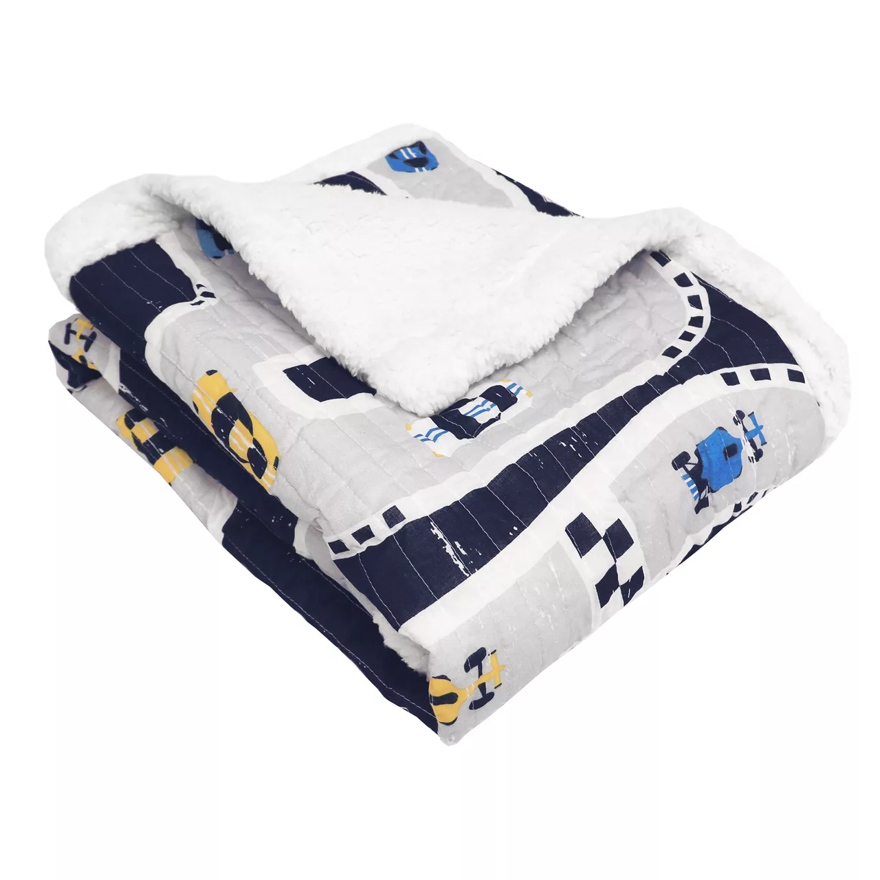 Navy Car Tracks Quilted Sherpa Throw, (50" X 60") 3 Navy Car Tracks Quilted Sherpa Throw, (50" X 60")