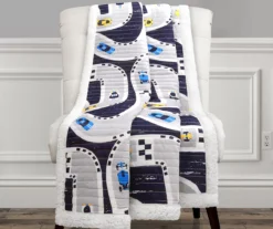 Navy Car Tracks Quilted Sherpa Throw, (50" X 60") 8 Navy Car Tracks Quilted Sherpa Throw, (50" X 60") -Home Store 810553503