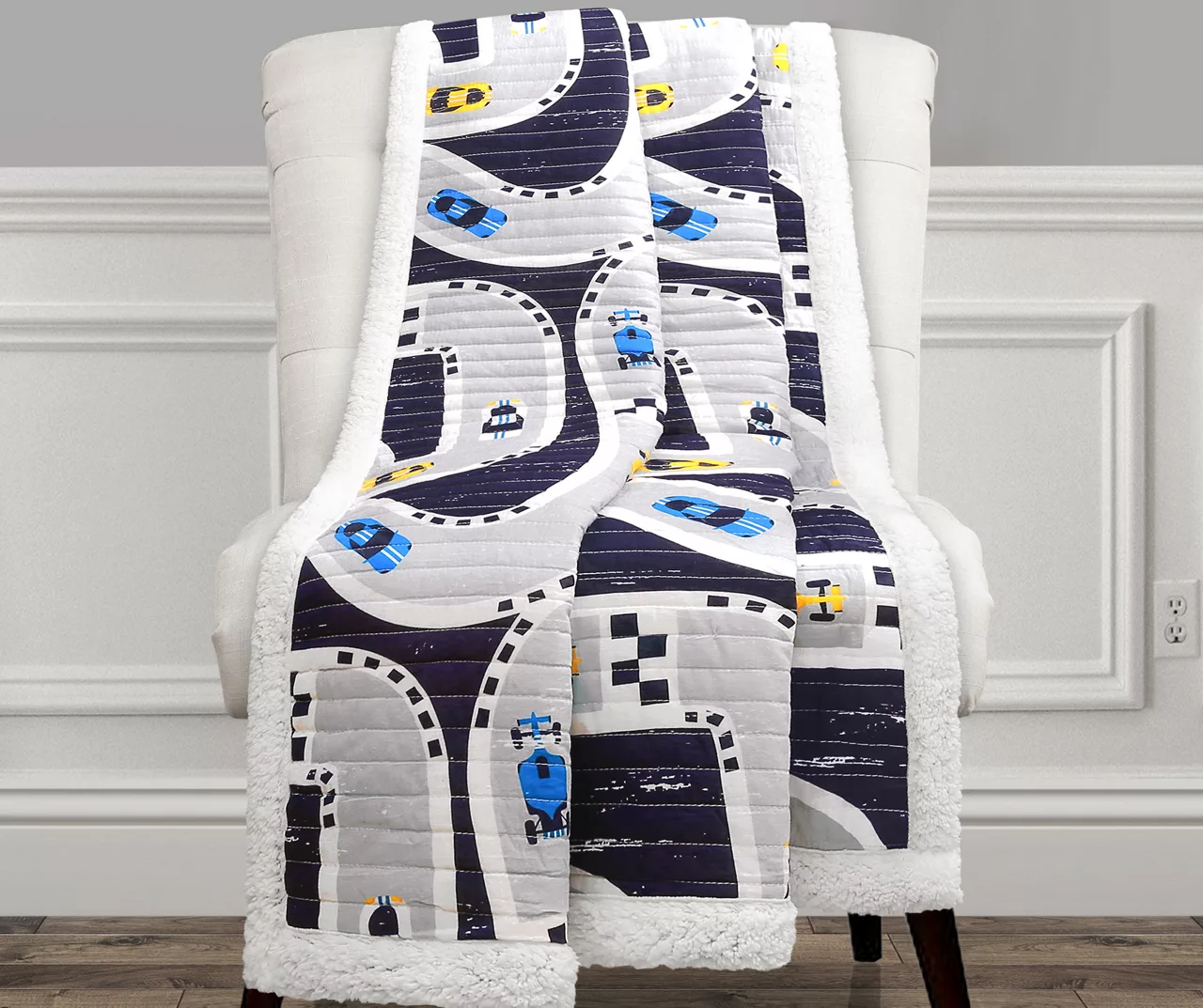 Navy Car Tracks Quilted Sherpa Throw, (50" X 60") 5 Navy Car Tracks Quilted Sherpa Throw, (50" X 60") - Image 3