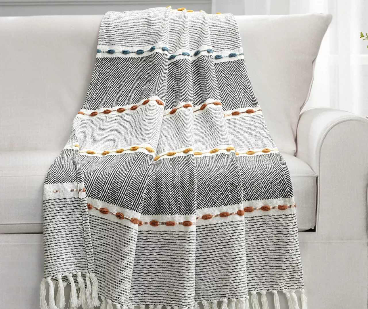 Black & White Thread-Stripe Herringbone Tassel-Trim Throw, (50" X 60") 3 Black & White Thread-Stripe Herringbone Tassel-Trim Throw, (50" X 60")