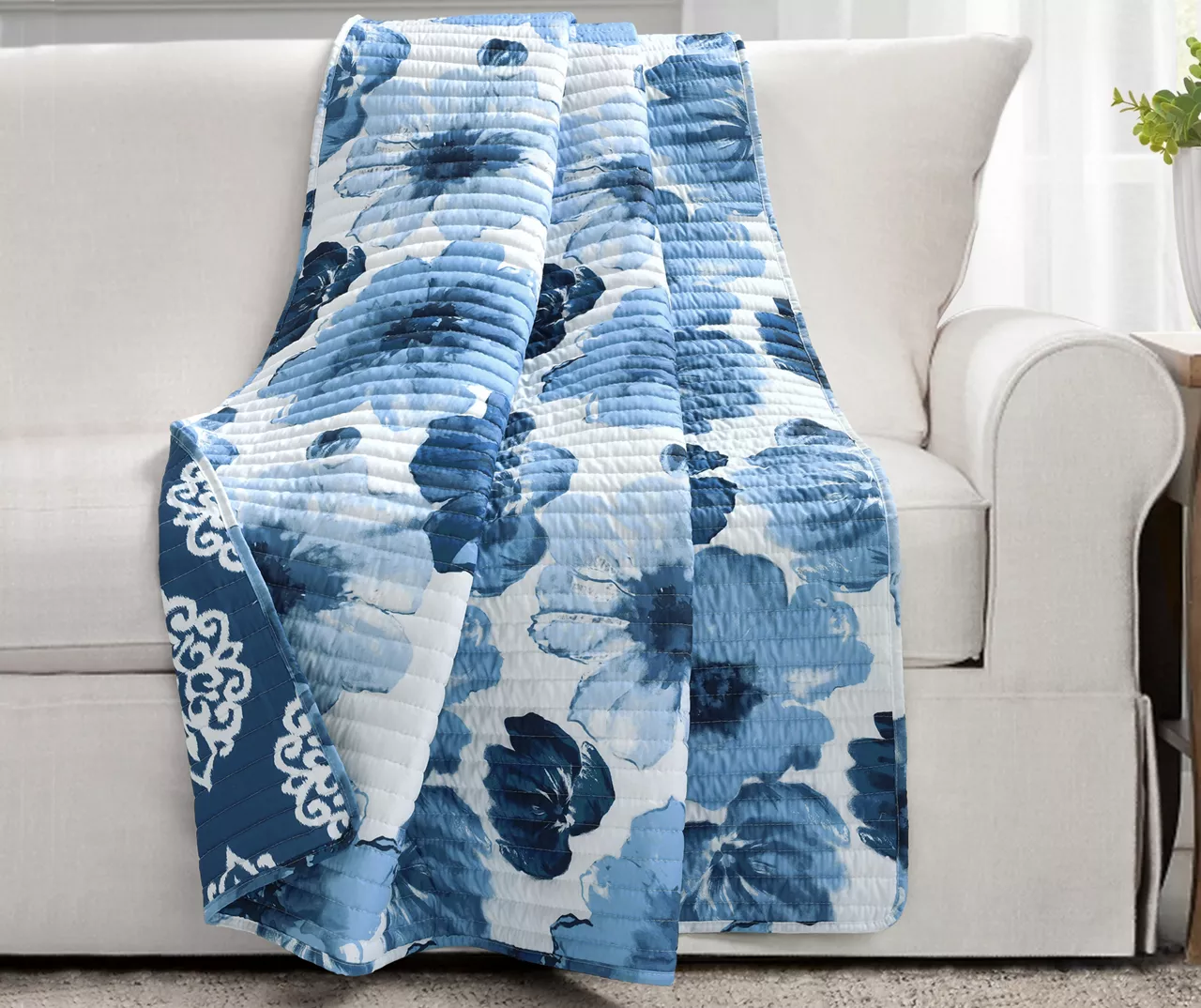 Leah Navy & White Floral Reversible Quilted Throw, (50" X 60") 3 Leah Navy & White Floral Reversible Quilted Throw, (50" X 60")