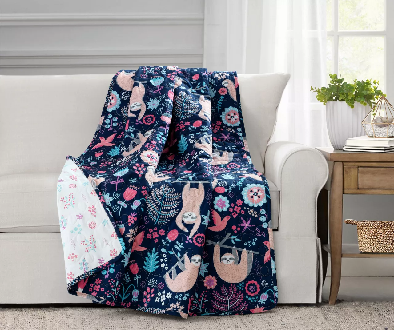 Hygge Navy, Turquoise & Red Floral Sloth Quilted Throw, (50" X 60") 3 Hygge Navy, Turquoise & Red Floral Sloth Quilted Throw, (50" X 60")