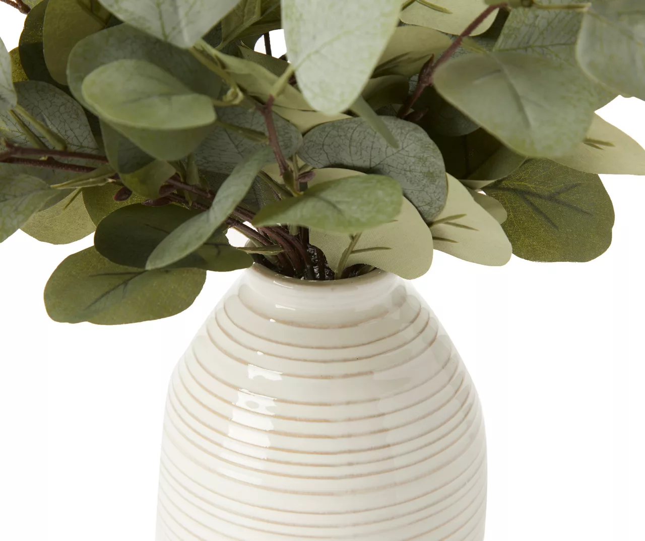 Green Artificial Eucalyptus Arrangement In Cream Stripe Ceramic Vase 4 Green Artificial Eucalyptus Arrangement In Cream Stripe Ceramic Vase - Image 2