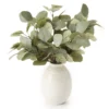 Green Artificial Eucalyptus Arrangement In Cream Stripe Ceramic Vase -Home Store 810560909