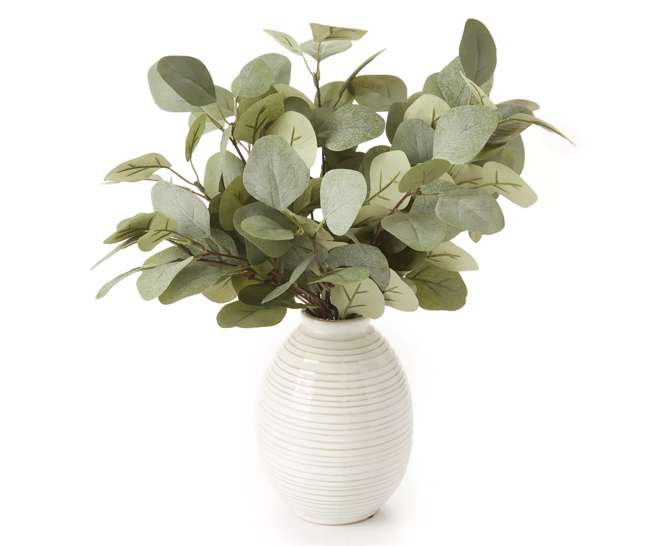Green Artificial Eucalyptus Arrangement In Cream Stripe Ceramic Vase 3 Green Artificial Eucalyptus Arrangement In Cream Stripe Ceramic Vase