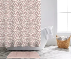 Weston White & Blush Damask & Faux Fur 14-Piece Bath Set