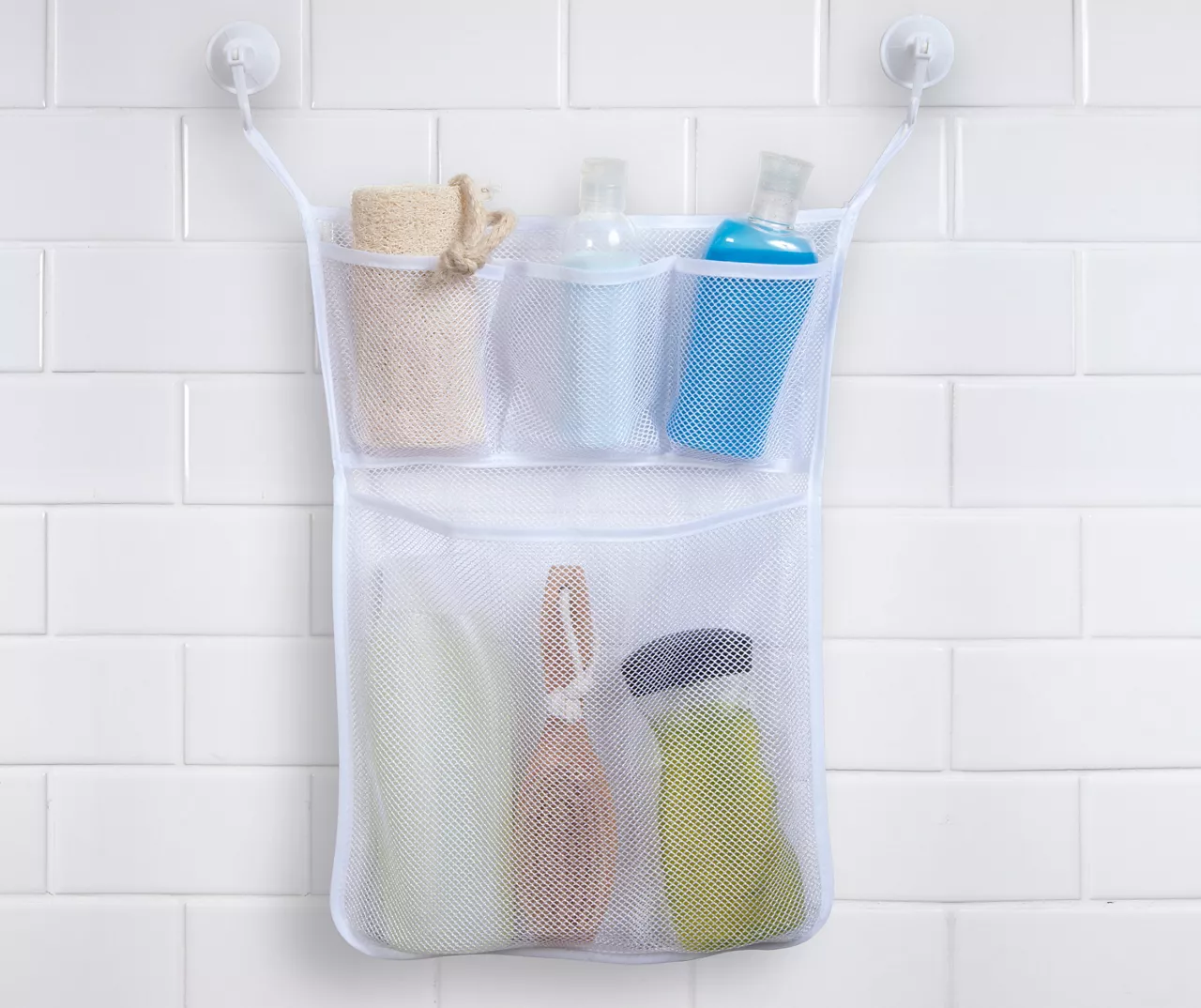 White Mesh 4-Pocket Hanging & Suction Shower Organizer Caddy 4 White Mesh 4-Pocket Hanging & Suction Shower Organizer Caddy - Image 2