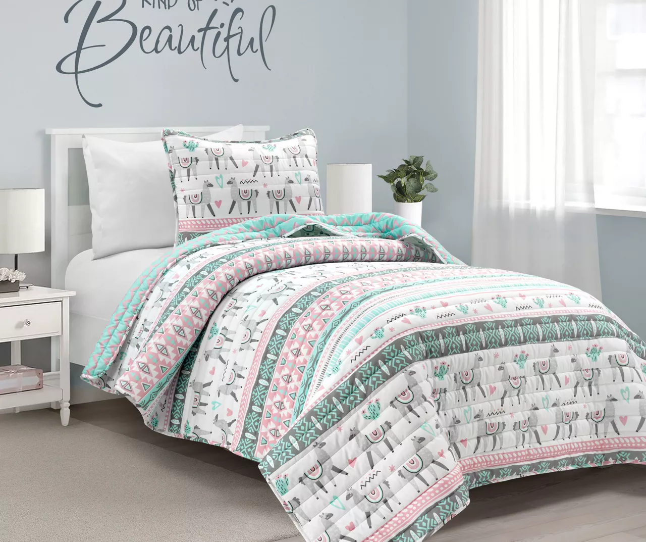 Pink & Aqua Boho Llama Reversible Twin 2-Piece Quilt Set 3 Pink & Aqua Boho Llama Reversible Twin 2-Piece Quilt Set