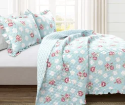 Blue & Blush Floral Ruffle-Trim Reversible Full/Queen 3-Piece Quilt Set -Home Store 810596027 1 1