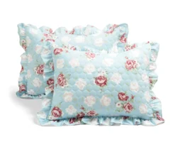 Blue & Blush Floral Ruffle-Trim Reversible Full/Queen 3-Piece Quilt Set -Home Store 810596027 6 1