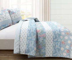 Blue Floral & Stripe Cotton Reversible Full/Queen 3-Piece Quilt Set -Home Store 810596029 1 1