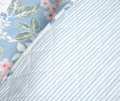 Blue Floral & Stripe Cotton Reversible Full/Queen 3-Piece Quilt Set -Home Store 810596029 4 1