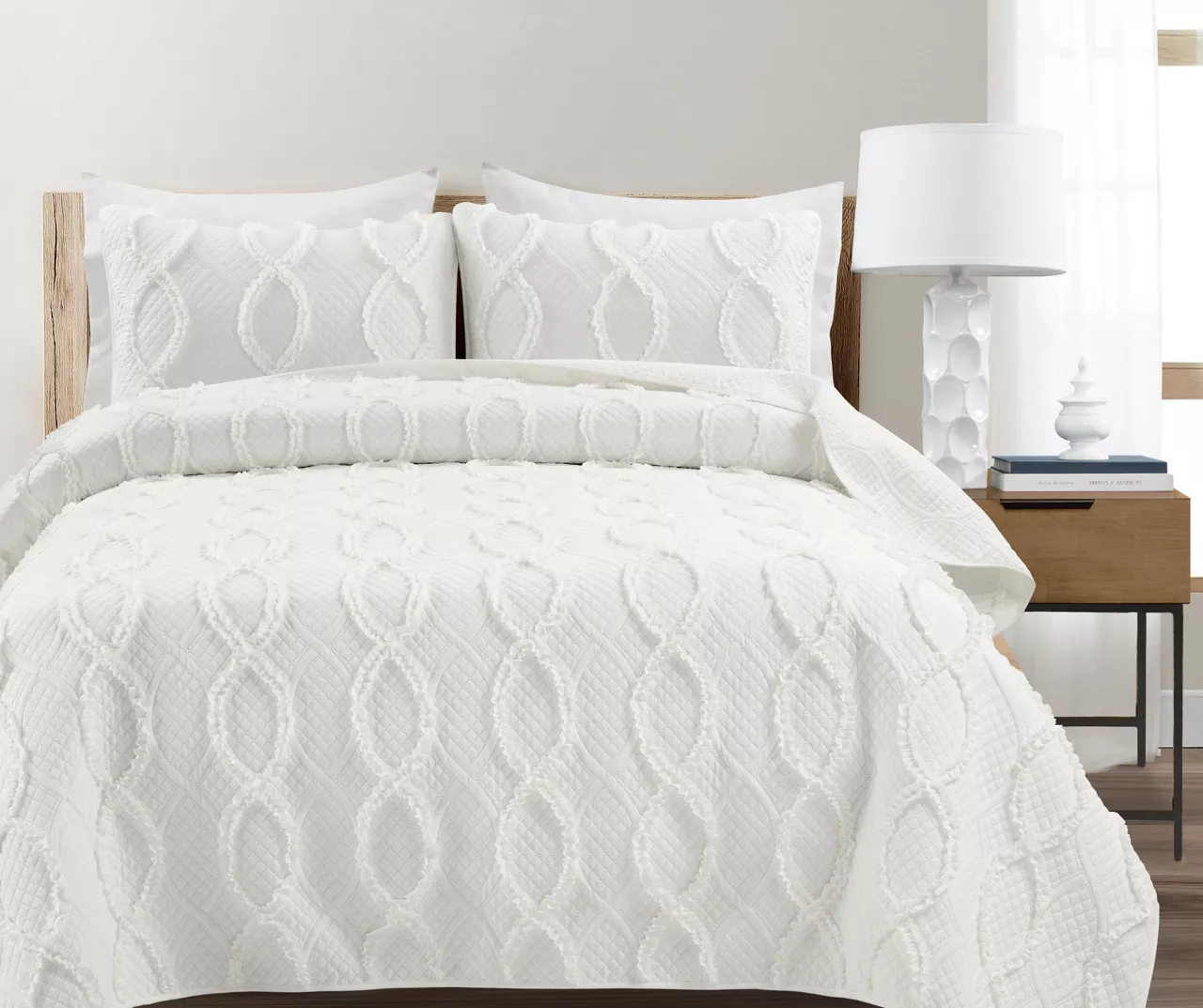 Lush Decor Avon White Ruffled Helix Pattern Quilt Set 3 Lush Decor Avon White Ruffled Helix Pattern Quilt Set
