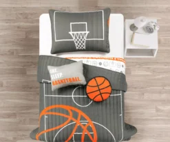 Charcoal & Orange Basketball Reversible Twin 4-Piece Quilt Set -Home Store 810596042 1