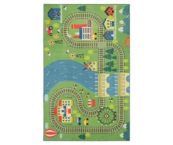 Green & Blue Train Tracks Play Area Rug, (5' X 8')