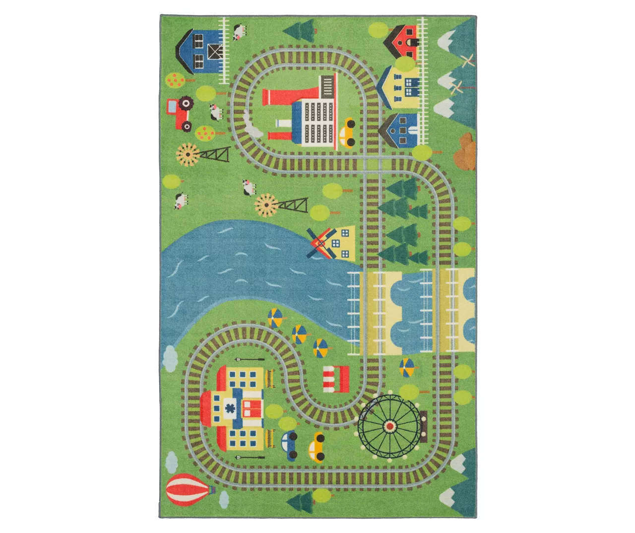 Green & Blue Train Tracks Play Area Rug, (5' X 8') 3 Green & Blue Train Tracks Play Area Rug, (5' X 8')