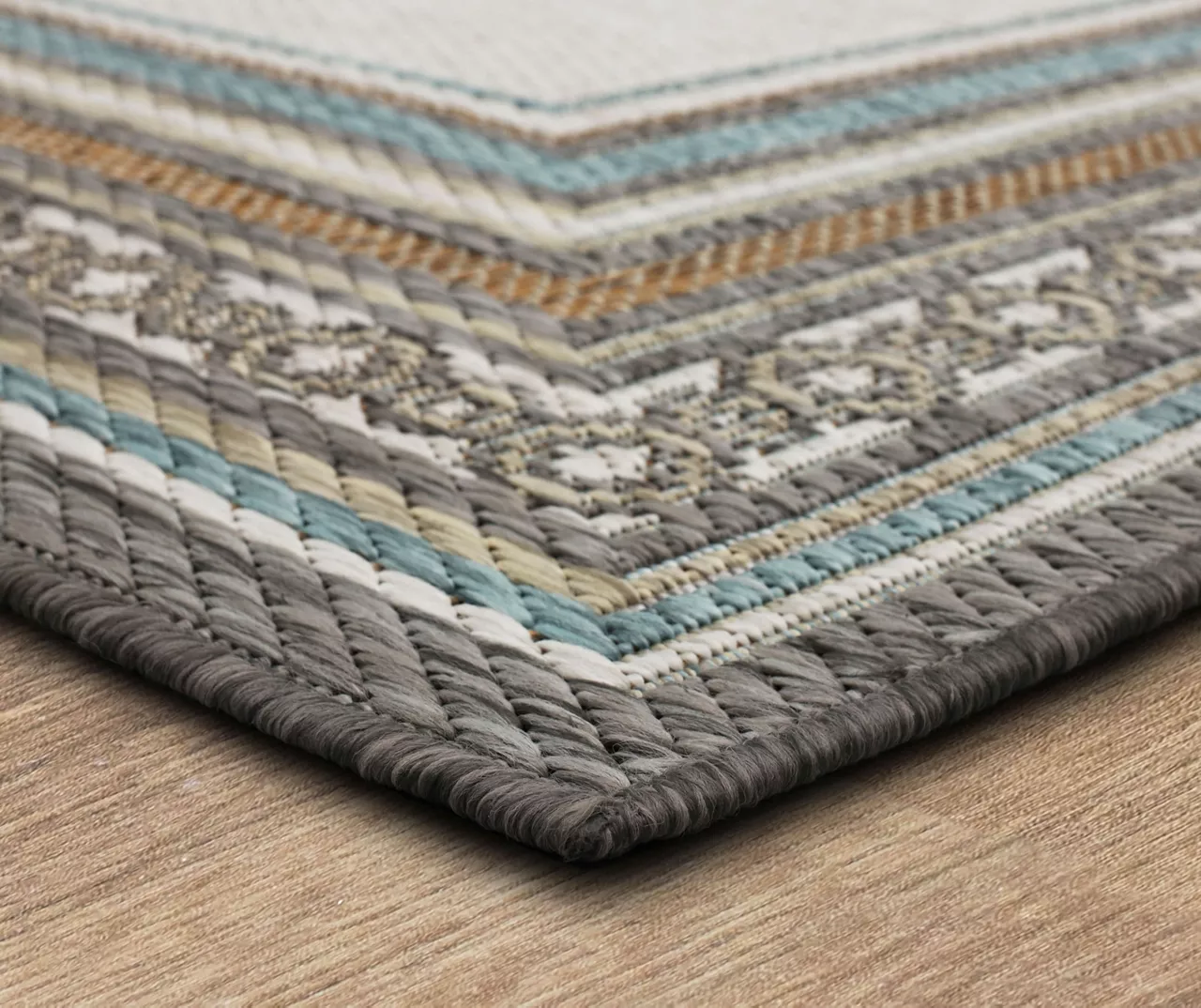 Panama Light Gray & Turquoise Geo-Bordered Outdoor Area Rug, (5' 3" X 7.5') 4 Panama Light Gray & Turquoise Geo-Bordered Outdoor Area Rug, (5' 3" X 7.5') - Image 2