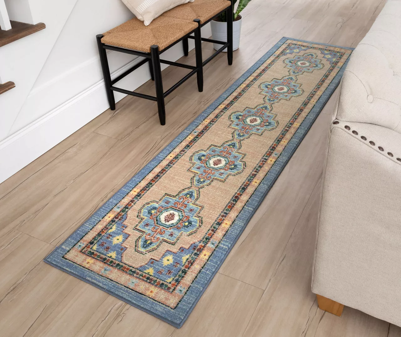 Coeus Blue & Peach Ornamental Area Rug, (2' X 8') 8 Coeus Blue & Peach Ornamental Area Rug, (2' X 8') - Image 6