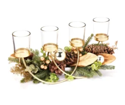 Festive Gathering Gold 4-Tier LED Votive Candle Centerpiece With Pine, Leaves And Berries -Home Store 810613341 A0 1