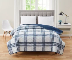 White & Navy Plaid Microfiber Quilt -Home Store 810618911 A0 1
