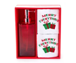 "Merry Everything" Red & White Gifts 3-Piece Soap Pump & Towel Set